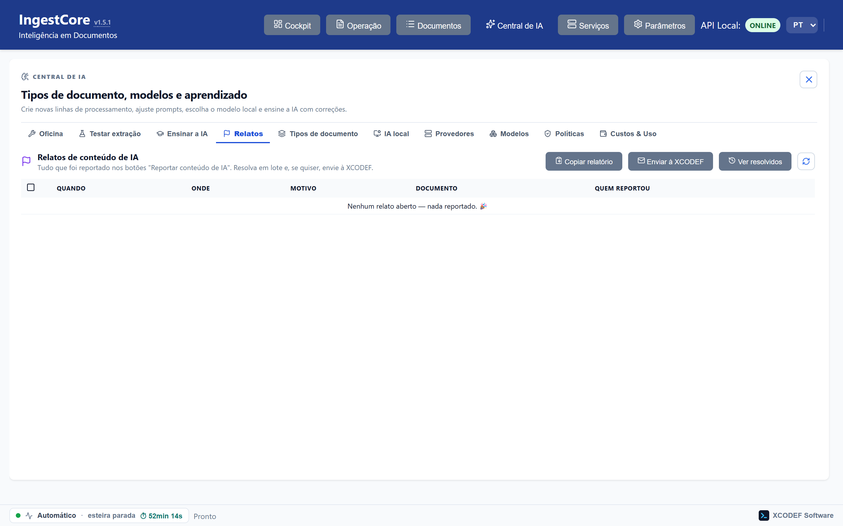 Relatos: a caixa de entrada dos reportes de conteúdo de IA, com autor, motivo e resolução em lote.